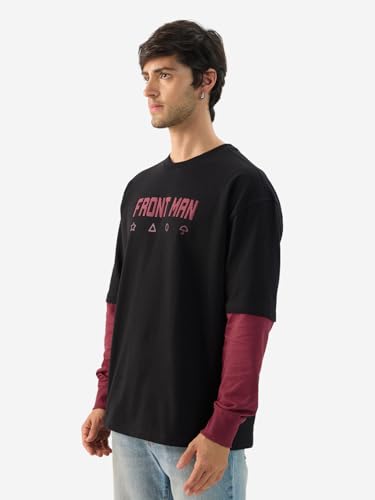Image of The Souled Store Official Squid Game: Front Man Men and Boys Round Neck Black Graphic Printed Cotton Oversized Full Sleeve T-Shirts
