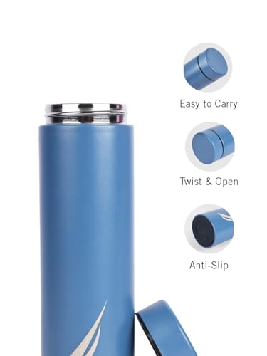 Image of NAUTICA Premium Leak-Proof Insulated Water Bottle - 1pc (Stern)| 500ml | Stainless Steel Flask with 24 Hours Temperature Retention | Ideal for Travel, Gym, Office Use Titanium Solid-Blue