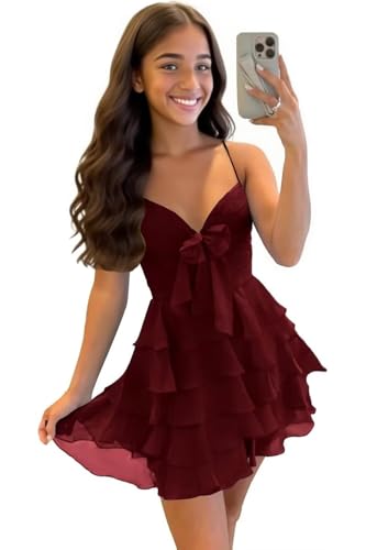 Tiered Homecoming Dresses for Teens 2025 Short Spaghetti Straps V Neck Chiffon Ruffle Cocktail Party Gown with Bow