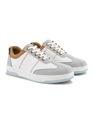 Image of STANPHORD Men's Colourblock Chunky Lightweight Lace-Up Sneakers | Casual Synthetic Leather Shoes with PU Cushioned Insole & Non-Slip Rubber Sole | Comfortable Round Toe Walking Footwear Built for Men Seeking Trendy Street Style with All-Day Comfort | Ideal for Office, Travel, Weekend & Daily Wear | Available in White Grey | UK Sizes 6-11