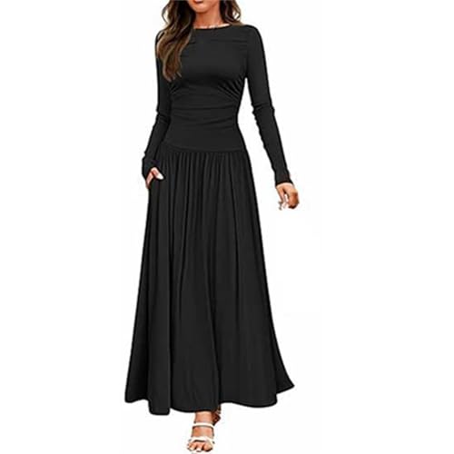 Generisch Strickkleid Damen Herbst Langarm Winterkleider Damen Elegant Lang Wollkleid Rundhals Bodycon Pulloverkleid Kräusaum Knöchellanges...