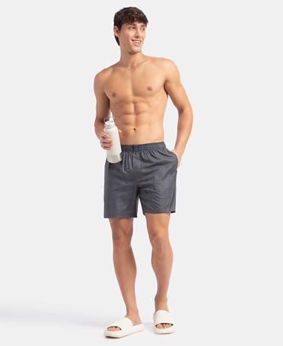 Image of Jockey HG18 Men's Tencel Lyocell Cotton Checkered Boxer Shorts with Side Pockets Navy XL