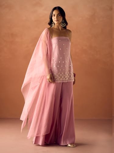 Image of FIORRA Women Light Pink Crush Organza Hand Work Straight Kurta Set with Dupatta