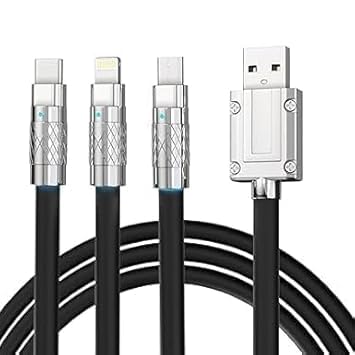 Image of 3 in 1 Fast Charging Data Cable, 120W Portable Charger Cord with USB Type-C, Light-ning & Micro-USB Port Compatible with, iPad, Smartphone, Tab and Other Devices - Black (DEC192)