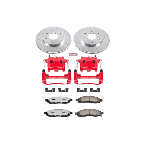 Image of PowerStop Front Brake & Caliper Kit for Nissan Armada 2005 |Pathfinder Armada 2004 |TITAN 2004-05 - Drilled & Slotted Disc Rotors + Z36 Brake Pads + Red-Powder Coated Calipers, KC2442-36