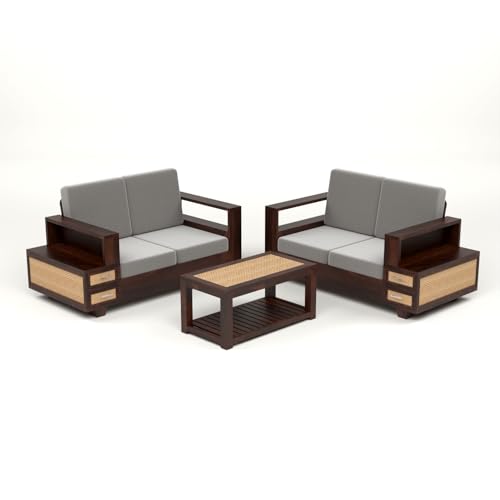 Image of Sheesham Wood 4 Seater Sofa Set with 2 Drawer Storage | 2+2 Wooden Sofa Set Furniture for Living Room Home Office (Natural Cane,Walnut Finish)