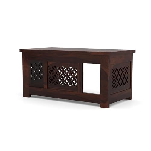 Image of Solid Sheesham Wood Coffee Table with 2 Stools for Home, Office | Wooden Center Coffee Table for Living Room, Center Table with Shelf Storage | (CNC- Walnut Finish)