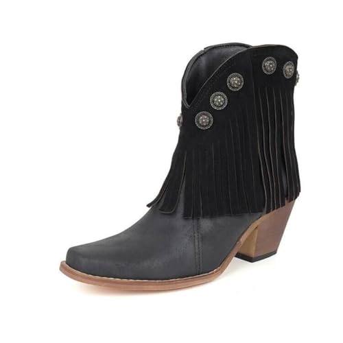 Fringe Cowboy Boots for Women Ankle Bootie Western Boots Embroidery Cowgirl Pull-On Pointy Toe & Wide - Comfortable Walking Lightweight Running Standing All Day Trending Fashion Streetwear Plus Size
