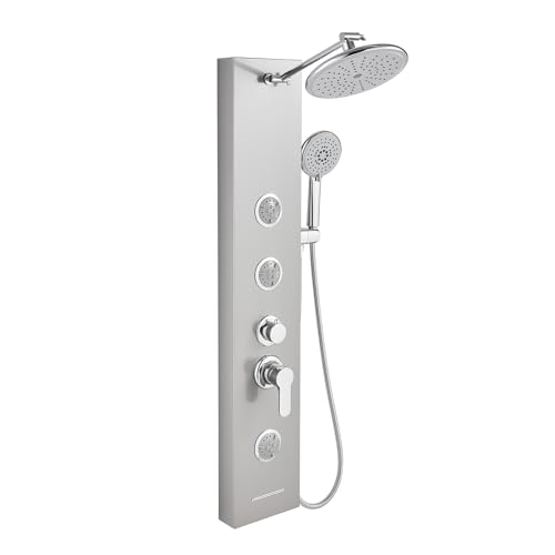 KINKIBOS Shower Tower Panel, Rainfall Shower, 2-Mode Body Massage Jets, 5-Setting Handset and Bathtub Spout, Height Adjustable Arm, Stainless Steel, Brushed