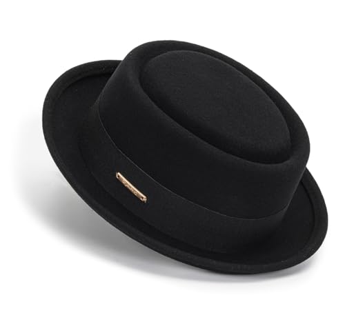 La mejor selección de Sombreros Pork Pie para Mujer - 5 favoritos. 43 HilyBony Porkpie - Gorro de Lana para Hombre, diseño con Parte Superior Plana, Color Negro, Negro con Cinta, M