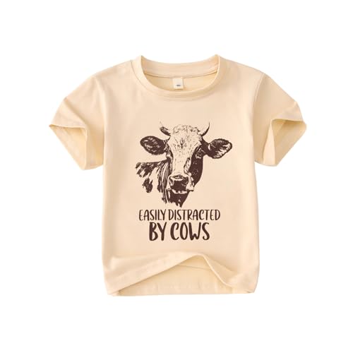 Toddler Baby Boy Girl Farm Shirt Easily Distracted by Cows Animals Graphic T-Shirt Kid Funny Letter Summer Tee Tops