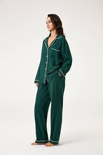 Image of BESTOUCH Womens Pajama Sets: 100% Cotton Muslin Linen Feel | Button Soft Comfy Breathable Classic Sleep Pjs 2 Piece