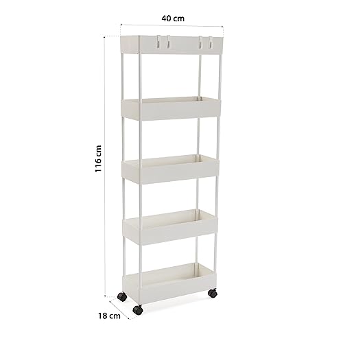 Versa Skuvoy Badezimmer-Hilfsmöbel, Aufbewahrungswagen oder -Karren, mit 5 Einlegeböden und Laufrollen, Maßnahmen (H x L x B) 116 x 18 x 40 cm, ABS und Kunststoff, Farbe: Weiß