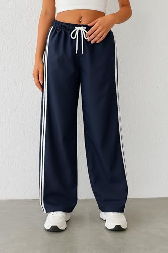 Image of SAKHWALA Women Track Pant | Women's Wide Leg Track Pants High Waist Drawstring Sweatpants with Side Stripes, Casual Loose Fit Lounge Joggers, Dark Grey