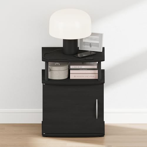 Image of Furinno Jaya Night Stand with Door, Nightstand, Blackwood | Open Shelf and Door Cabinet, Round Corner Bedside Table, Modern Side Table, End Table, for Bedroom, Closet, Dorm