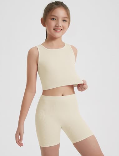 Image of EXARUS Girls 2 Piece Outfits Seamless Ribbed Cropped Tank Top Shorts Set | Teen Two Piece Outfit Tween Summer Dance Vacation Yoga Crew Neck Youth Athletic Workout Set Kids High Waist Elasticity 6-14Y