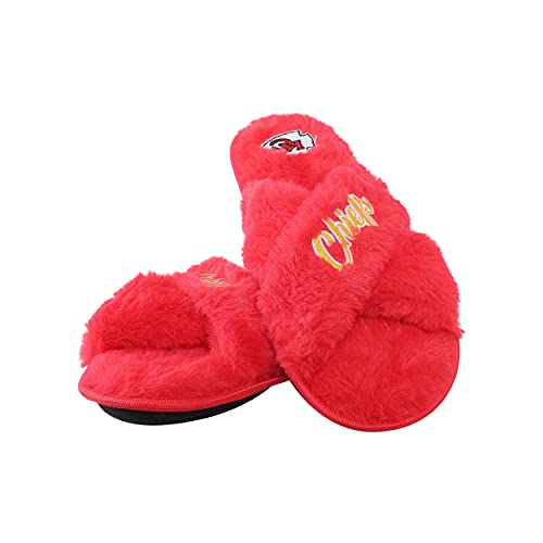 Image of FOCO Womens NFL Team Script Wordmark Fuzzy Cross Slide Slippers