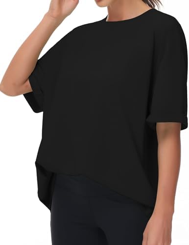 THE GYM PEOPLE Women's Casual Oversized T-Shirts Summer Crewneck Short Sleeve Workout Basic Tee Tops Black - 1