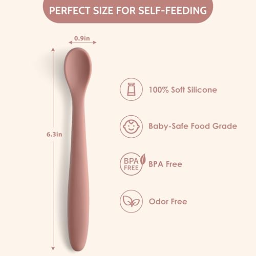 Image of Silicone Baby Feeding Spoons, Training Spoon Self-feeding, First Stage Infant Soft-Tip Easy on Gums, Utensils Supplies, Dishwasher & Boil-proof, 6 Pack