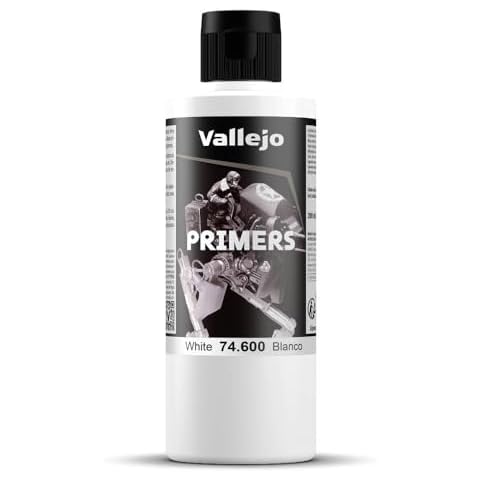 Vallejo - Surface Primer Color | White Acrylic Primer 200 ml (6.76 fl.oz.) | Matte Finish and Fast Drying | Perfect for Airbrushing and Great Adhesion to Figurines and Scale Models Cover