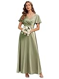 Ever Pretty Robes de Demoiselle d'honneur Col en V Manches Courtes Satin Maxi Robe évasée Vert Sauge 36