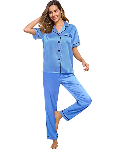 Image of SWOMOG Women Satin Pajamas Set Short Sleeve Top & Pants Sleepwear Silky Button Down Nightwear 2pcs Loungewear Pjs Set Marina Blue XX-Large