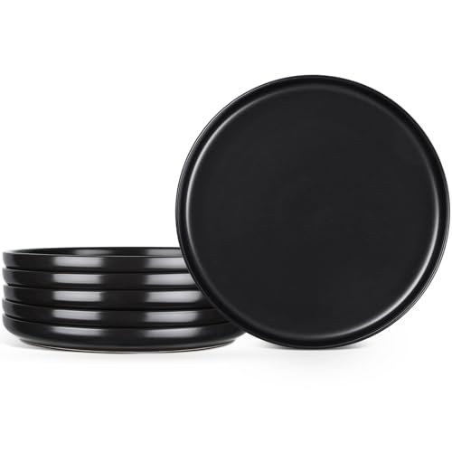 Image of E-far 10.2 inch Stoneware Dinner Plates Set of 6, Large Modern Ceramic Dishes, Round Salad Plate for Home Kitchen Restaurant, Microwave & Dishwasher Safe - Matte Black