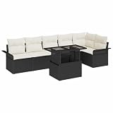 vidaXL Juego de Sofás de Jardín de 7 Piezas con Cojines, Modular y al Aire Libre en Negro y Beige. Muebles de Ratán Resistentes para el Patio o Balcón. Asientos Cómodos y 6 Comedores Rectangulares Mo