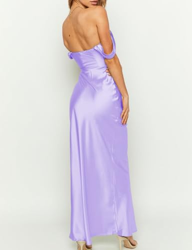 Image of Realtix Satin Off The Shoulder Strapless Bridesmaid Maxi Dress for Women | Elegant,Ruched,Backless,Long,Tube,Sleeveless,Bridesmaid,Wedding Guest,Evening,Cocktail Party,Semi Formal,Garden Party