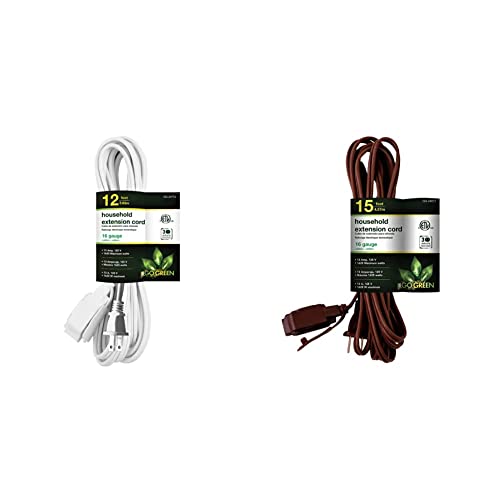 GoGreen Power (GG-24712) 16/2 12' Household Extension Cord, 3 Outlets, White, 12 ft & GoGreen Power (GG-24815) 16/2 15â Household Extension Cord, 3 Outlets, Brown, 15 Ft