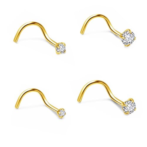 YOCDNOV 4 Piezas Piercing de Nariz Relleno - Plug Redondo Circonita Espiral Recta Piercing en Forma de S Nariz Oro Fosa Nariz Joyería Adecuado para Regalos para Mujeres (Oro)
