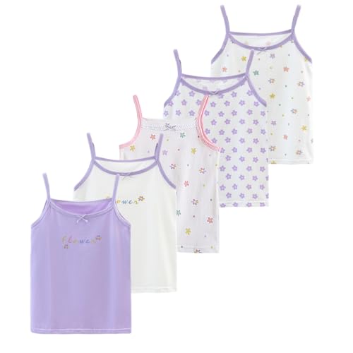 Letoileite 2-10 Years Little Girls Camisole Soft Tagless Cami Kids Breathable Undershirts Cotton Tank Top 5 Pack, Purple, 4-5 Years