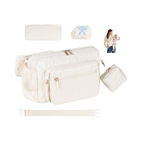 Rexmore Puffer Quilted Fanny Pack Diaper Bag for Mom - Women‘s Compact Crossbody Purse with Portable Changing Pad & Wipes Pouch, Travel & Quick Errand Baby Essentials Organizer (Off White)