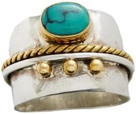 SUKKCCNO Vintage 925 Silver Oval Turquoise Wide Ring Boho Natural Stone Solitaire Ring with Two-Tone Sturdy Band Handmade Artisan Jewelry Gift for Women Size 6-10 9 - Image 5