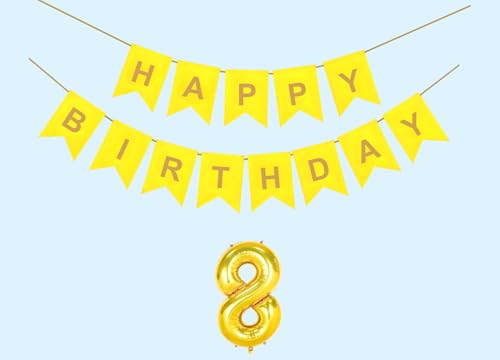 Image of 8th Happy Birthday Decoration Kit Yellow for 8 year Old Boys Girls Kids with Number Eight Party Decorations Decor Celebration Items Item Set Combo Reusable Paper Banner