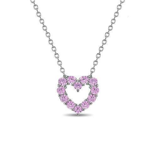 925 Sterling Silver Girl's 17" Pink Cubic Zirconia Lovely Open Heart Pendant Charm Necklaces - Fashionable Bright Round CZ Accessory for Children & Preteens - Shiny Link Chain Necklace for Children