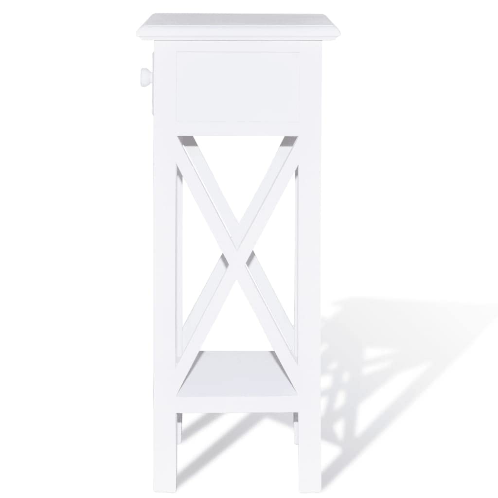Beistelltisch Weiß mit Schublade - Kleiner Telefontisch Holz 27x27x65,5 cm - Schmaler Nachttisch aus Kiefernholz und MDF für Schlafzimmer Wohnzimmer und Flur