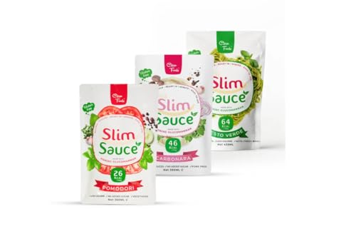 Paquete mixto CleanFoods Slimsauce I 1 x 26 kcal pomodori I 1 x 47 kcal carbonara vegetariana I 1 x 64 kcal pesto verde I 3 salsas para pasta para probar