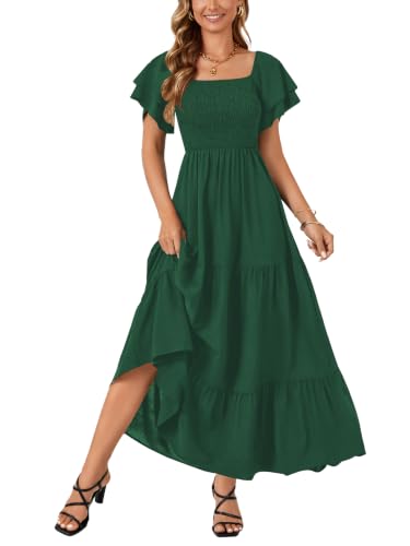 Image of LYANER Women's Square Neck Midi Dress | Summer Ruffle Short Sleeve Smocked Tiered Ruched Flowy A Line Party Casual Dresses