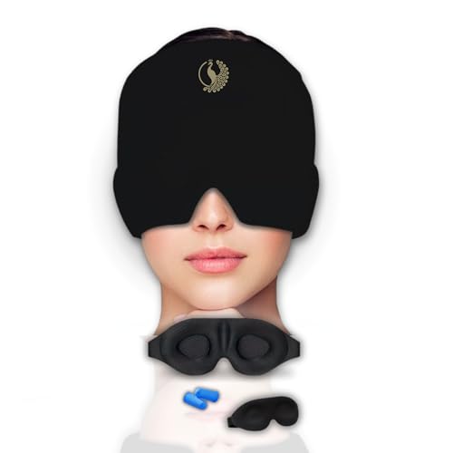 Gorro Migraña Terapia Frio y Calor, Gorro Anti Migraña, Gorro migraña Frio para Alivio de Dolor de Cabeza, Gorro para Migrañas,Pack Migraña Gorro de Gel Reutilizable, Antifaz para dormir,Tapones Negro