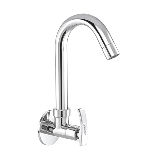 Image of Chrome Finish Silver Sink Cock | Wall Mounted Faucet for Kitchen & Utility Use - Sleek & Durable Design - Soft