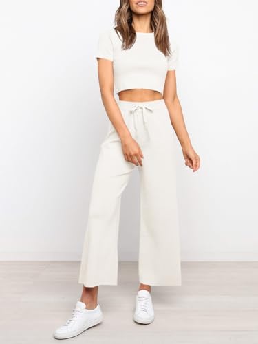 Fisoew Womens 2 Piece Outfits Sweater Sets Knit Short Sleeve Crop Tops High Waisted Pants Lounge Sets - Thumbnail 2