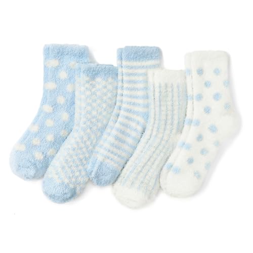 Azue Fuzzy Warm Slipper Socks Women Super Soft Microfiber Cozy Sleeping Socks 6 or 5 Pairs 5 Pairs Baby Blue