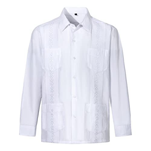 Camisas Guayabera de Manga Larga para Hombre Camisas cubanas, Blanco, Large