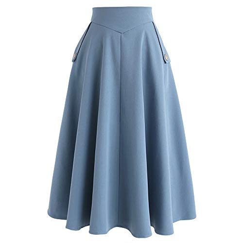 CHICWISH Women's Classic Simplicity Blue A-Line Midi Skirt with Side Pockets2