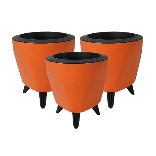 Image of Garden Art Indoor Outdoor Self Watering Planter Home Living Room Office Tabletop Decorative Plastic Flower Pot 5.1 Inch PPLAO (Orange, 3) (Pack of 3)
