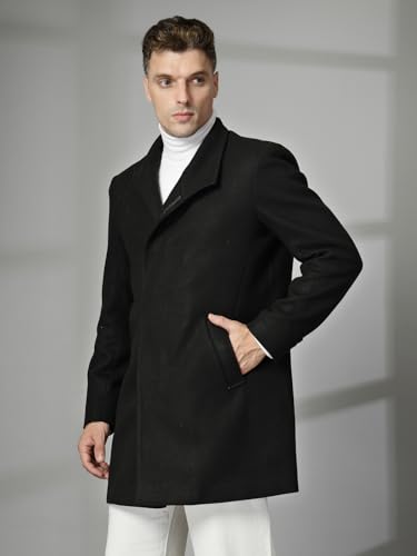 Image of CHKOKKO Men Stylish Long Winter Coat Single Breasted Thigh Length Overcoat with Elegant Spread Collar & Practical Front Side Pockets for Formal or Semi-Formal Occasions