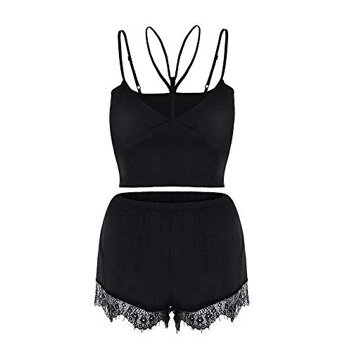 Lingerie sexy noir en satin pour femme avec short de nuit