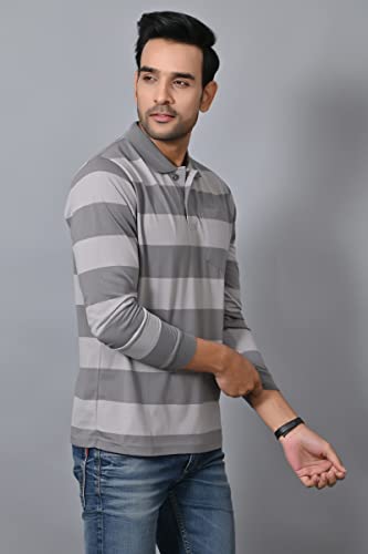 Image of ARBOUR Men Polo Neck Stripes Pocket Full Sleeves T-Shirt