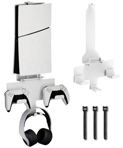 Image of HOSS PS5 Wall Mount Stand - Space-Saving & Ventilated Design for PlayStation 5,Slim Disc and Digital Edition, Controller & Headset Holders, Easy Installation (White)